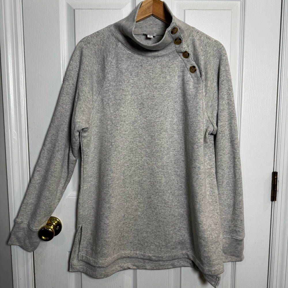 J. Crew Light Gray Cowl Neck Sweatshirt Button Accents Medium Capsule Staple - Picture 2 of 8